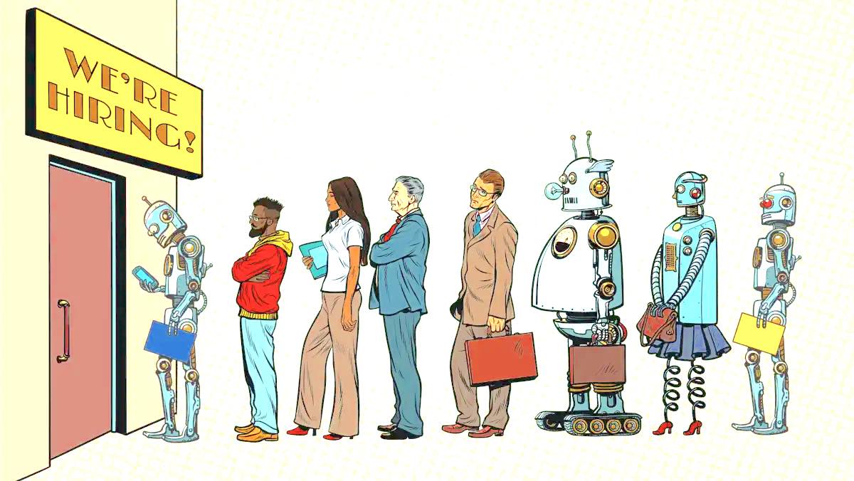 Humans lining up for Job interview - A dystopian Future